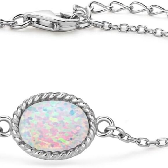 925 Sterling Silver Opal Bracelet, Adjustable Pear/Round/Oval Cut Opal Link Brac - Picture 1 of 6